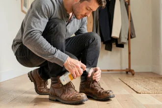 Homme appliquant un imperméabilisant en spray sur des chaussures de randonnée en cuir marron dans un couloir d'entrée en bois