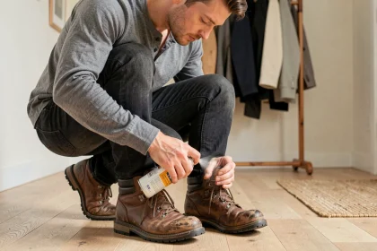 Homme appliquant un imperméabilisant en spray sur des chaussures de randonnée en cuir marron dans un couloir d'entrée en bois