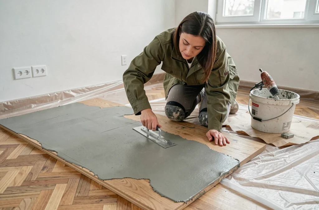 Professionnelle appliquant un ragréage auto-lissant sur un parquet bois légèrement instable dans un appartement en rénovation