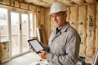 Artisan du bâtiment consultant un formulaire de demande d'aide à la rénovation sur tablette numérique dans un chantier de rénovation intérieure