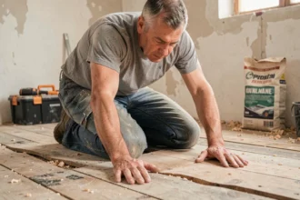 Artisan inspectant un plancher bois gondolé avant la pose d'un ragréage, agenouillé dans une pièce en rénovation