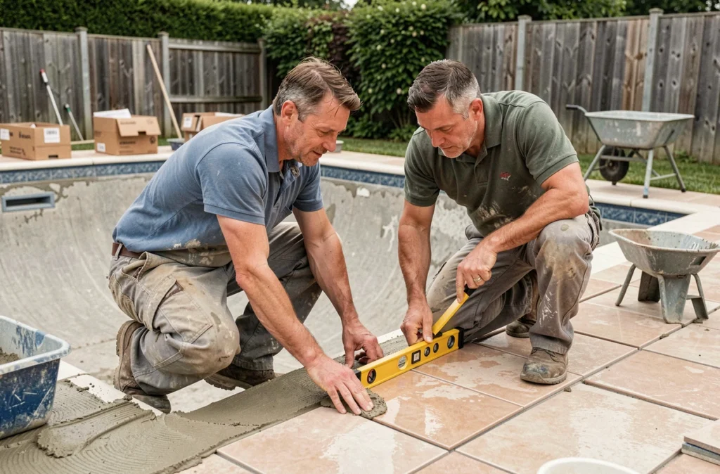 Artisans posant des carreaux de céramique dans une piscine vidée en cours de rénovation dans un jardin suburban