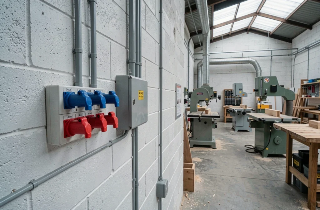 Vue d'ensemble d'un atelier de menuiserie équipé de prises triphasées industrielles 4 fils sur un mur de parpaings