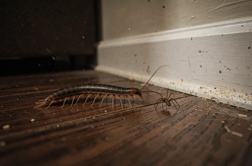 Centipède de maison chassant une araignée sur parquet en bois, illustration du comportement prédateur naturel en intérieur