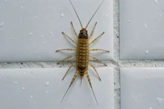 Gros plan macro d'un centipède de maison sur carrelage blanc de salle de bain, pattes étalées et corps segmenté visible
