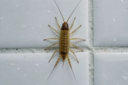 Gros plan macro d'un centipède de maison sur carrelage blanc de salle de bain, pattes étalées et corps segmenté visible