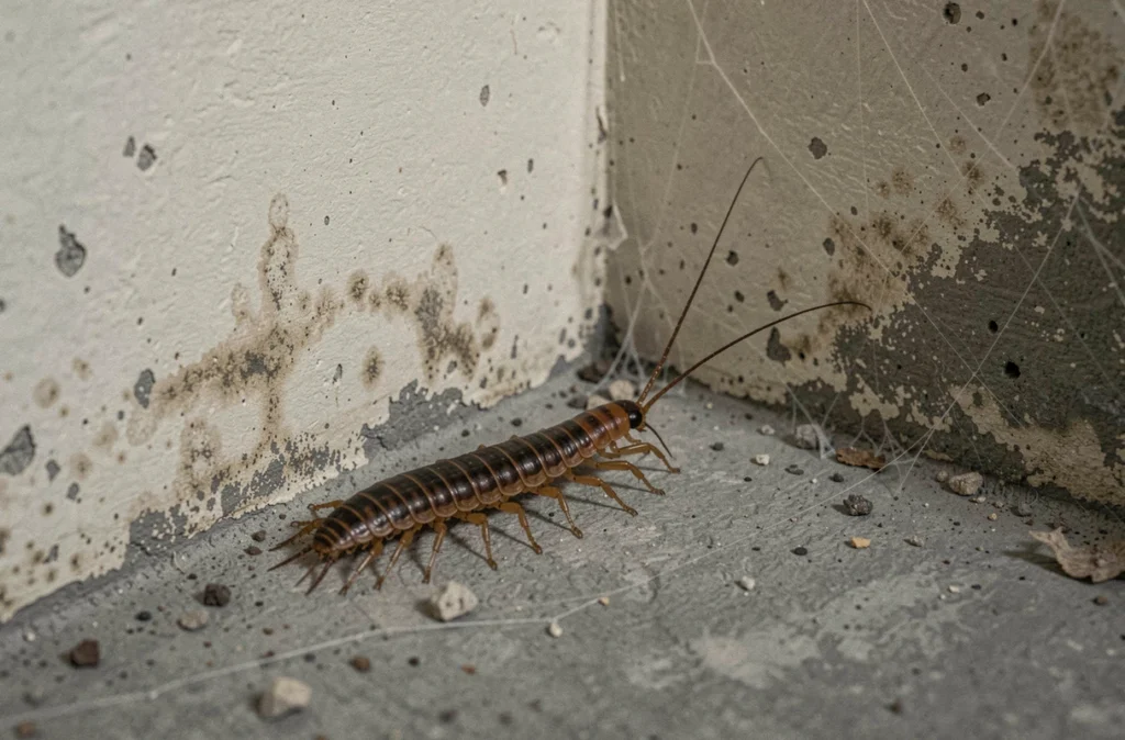 Centipède de maison dans un coin de sous-sol humide entre mur et sol en béton, posture d'alerte avec longues antennes