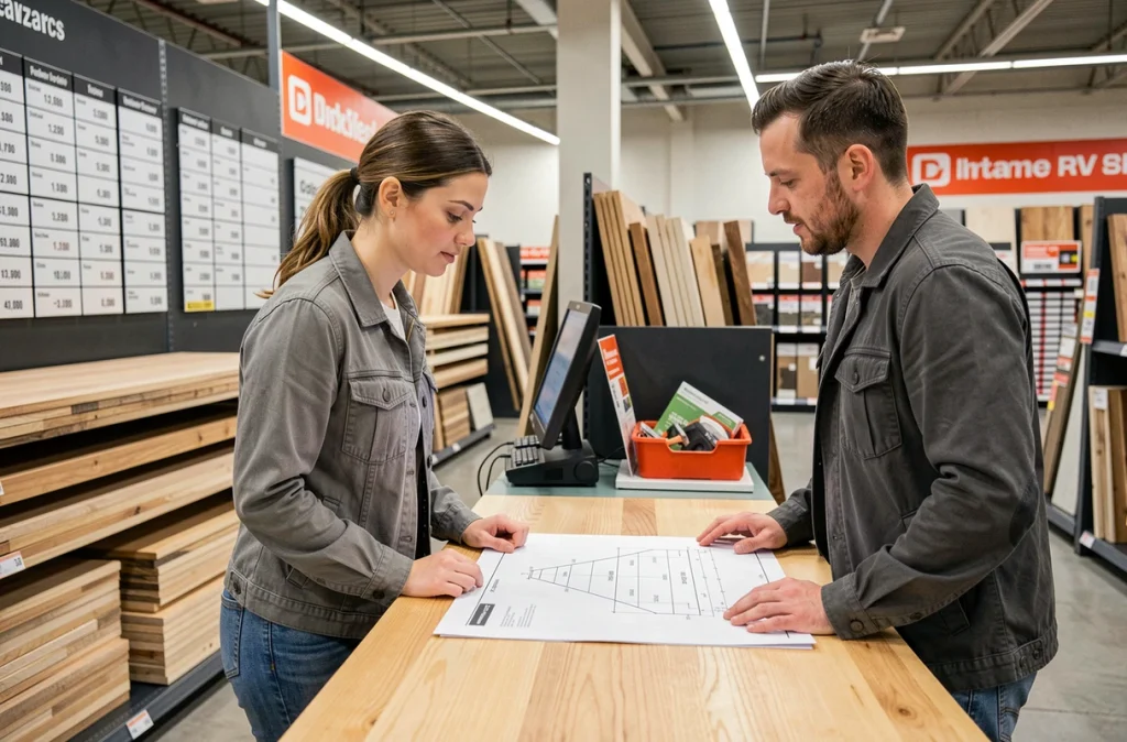 Cliente et conseiller Leroy Merlin discutant d'un plan de découpe au comptoir du service