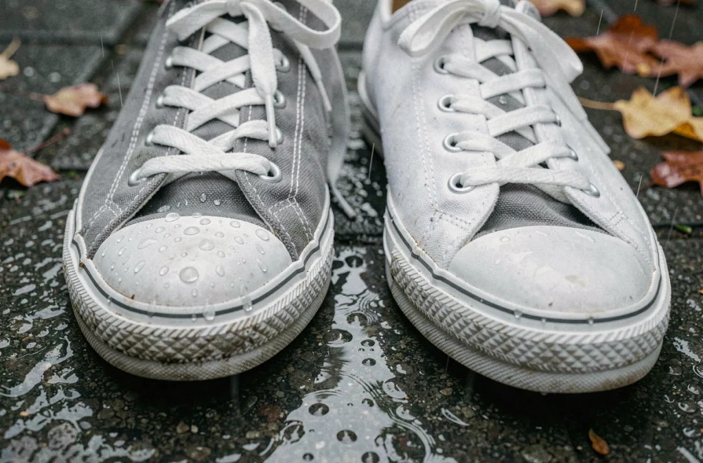 Comparaison entre une chaussure imperméabilisée repoussant l'eau et une chaussure non traitée sur un pavé mouillé en automne
