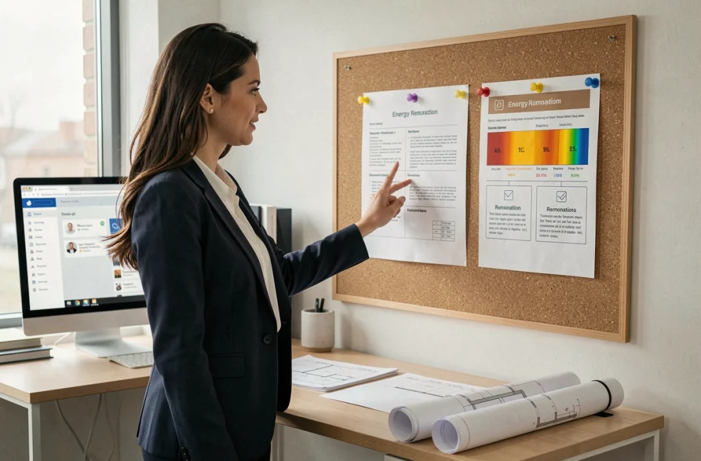 Conseillère en rénovation énergétique présentant un bilan thermique et les étapes de sécurisation des travaux avec les aides disponibles