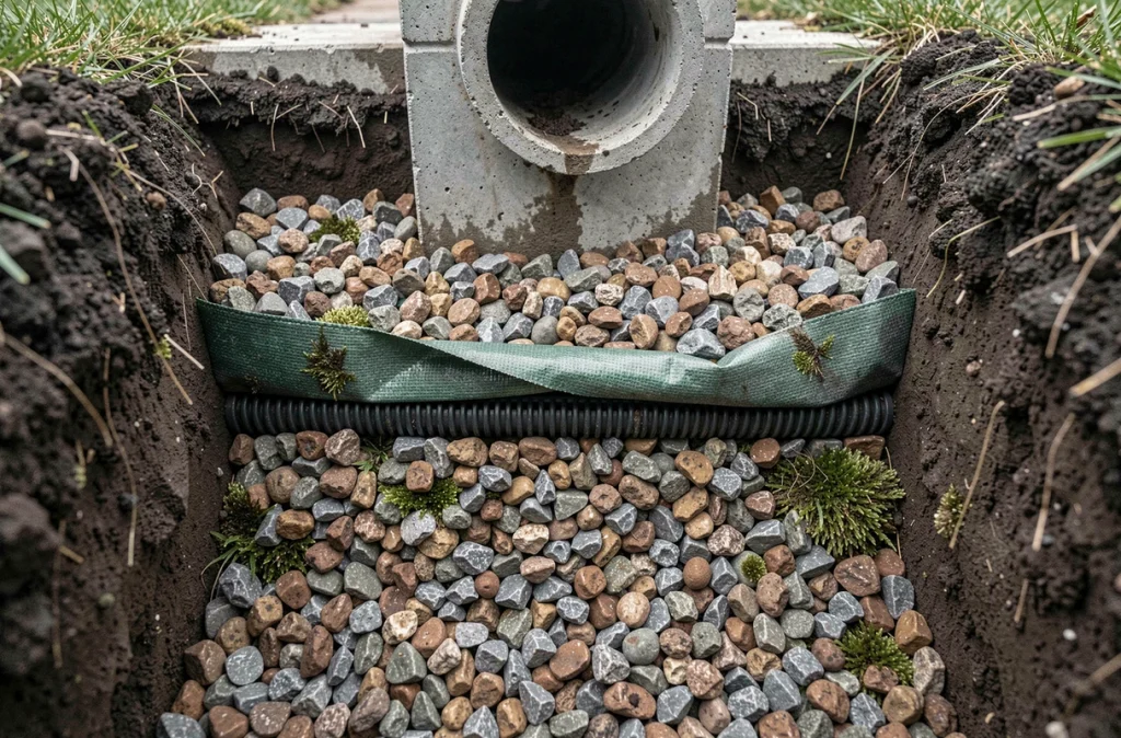 Coupe transversale d'un puisard résidentiel montrant les couches de gravier et la membrane géotextile pour drainage pluvial