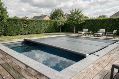 Couverture automatique de piscine déployée sur une piscine familiale extérieure avec terrasse en bois et haies vertes