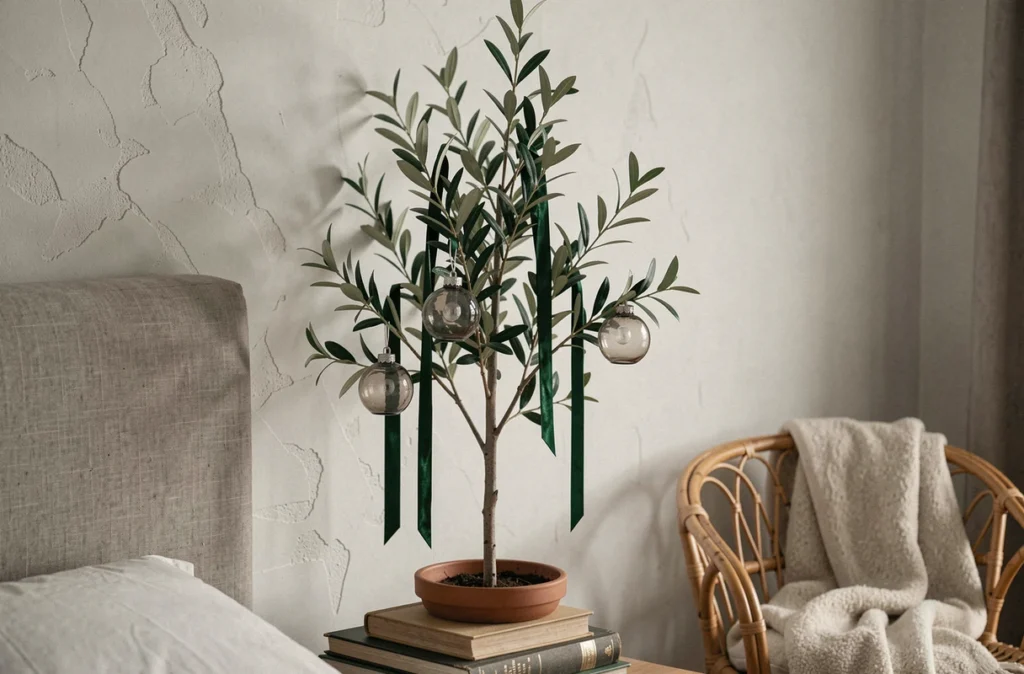 Chambre décorée pour Noël avec olivier en pot comme sapin alternatif minimaliste, ornements en verre fumé et ruban velours vert