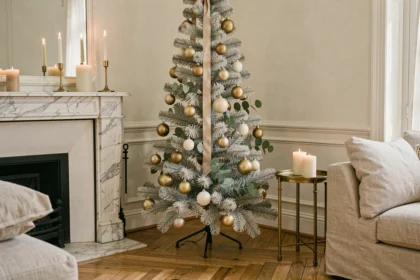 Décoration de Noël chic et minimaliste dans un salon haussmannien avec sapin givré, ornements dorés et cheminée en marbre