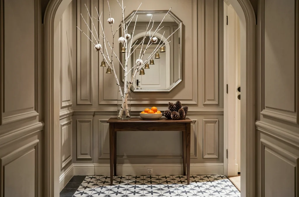 Entrée de maison décorée pour Noël avec branches de bouleau, clochettes en laiton et coupe de clémentines sur console en noyer