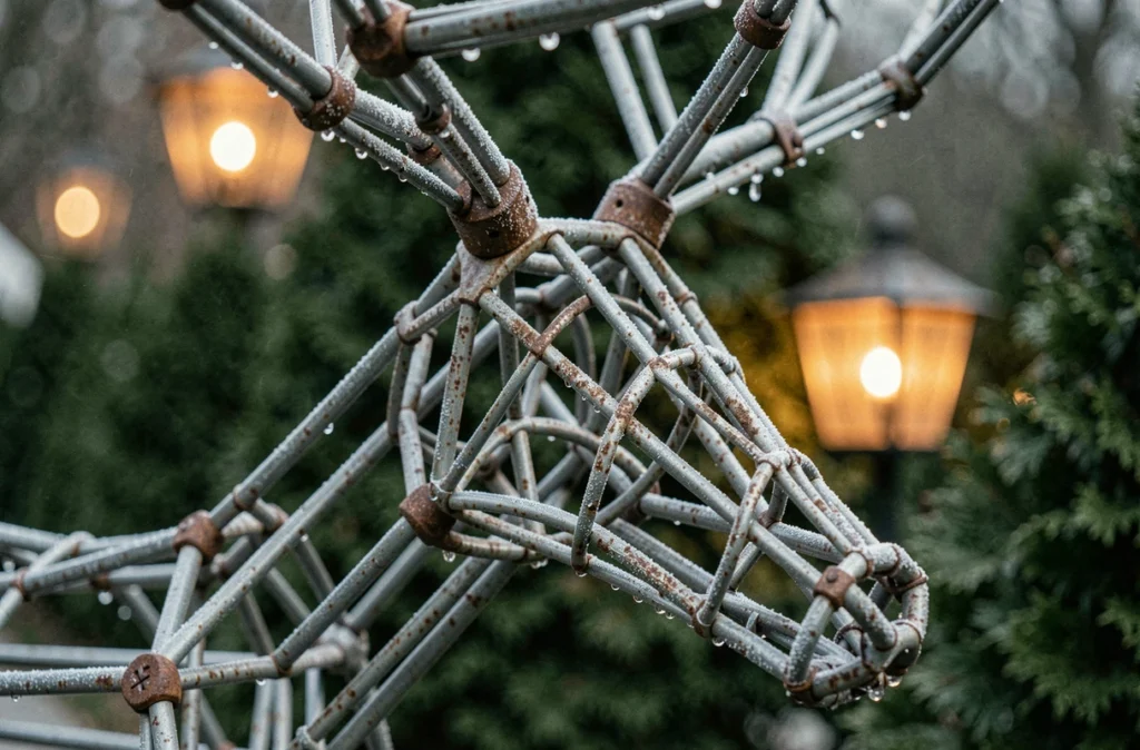 Détail des bois et de la structure métallique d'un renne décoratif géant pour jardin de Noël
