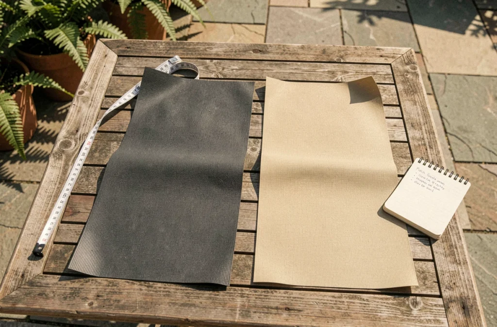 Comparaison de deux échantillons de liner pour bassin extérieur posés sur une table en bois avec mètre ruban et notes