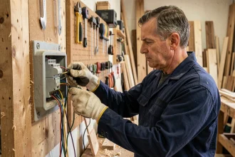 Électricien branchant une prise triphasée 4 fils dans un atelier de menuiserie en bois