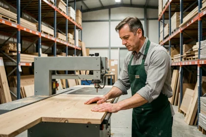 Employé Leroy Merlin utilisant une machine à découpe de panneaux bois en magasin