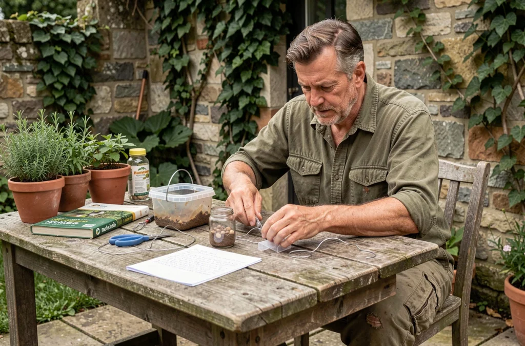 Homme âgé assemblant un piège à phéromone maison sur une table de jardin avec des matériaux recyclés pour son potager biologique