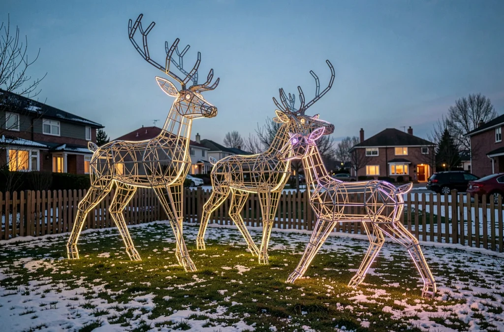 Famille de trois rennes géants lumineux en fil métallique disposés dans un jardin de banlieue au crépuscule hivernal