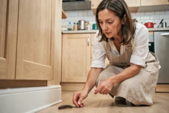 Femme examinant un iule rampant le long d'une plinthe dans une cuisine moderne, traitement naturel des mille-pattes à la maison