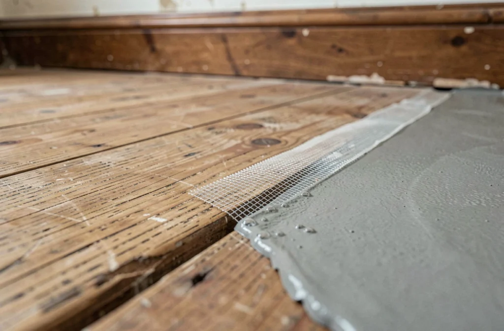 Gros plan sur un ragréage bois avec bande armée en fibre de verre sur un joint de plancher ancien, détail de pose en rénovation