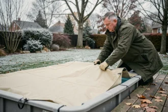 Homme installant une bâche hivernale sur une piscine extérieure en automne pour la protéger du gel