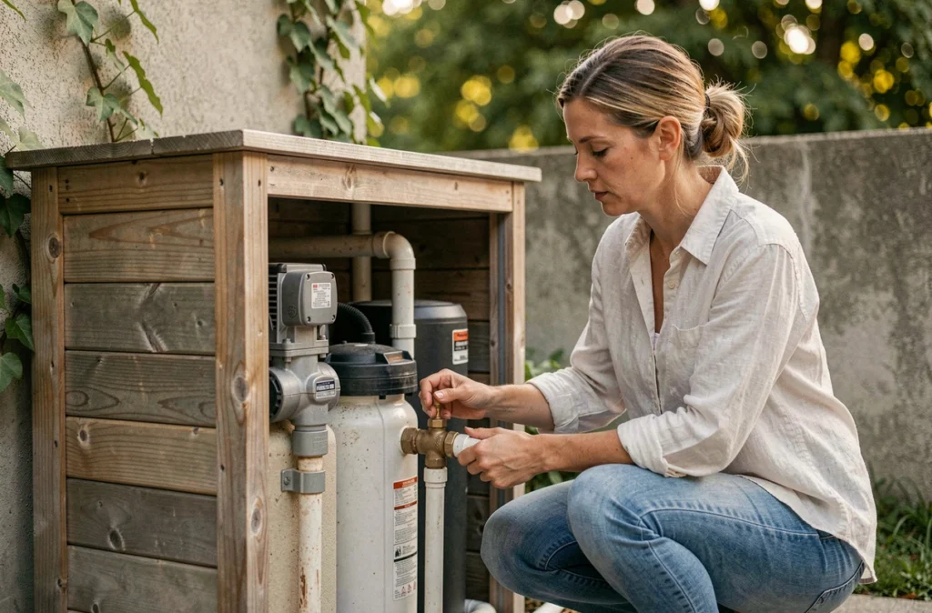 Femme installant un système de filtration éco-énergétique pour piscine domestique avec pompe à chaleur et filtre à sable en bois traité