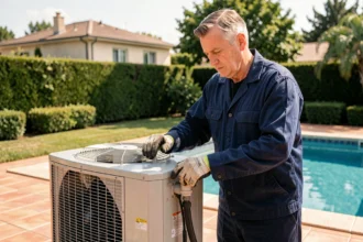 Technicien installant une pompe à chaleur pour piscine dans un jardin extérieur