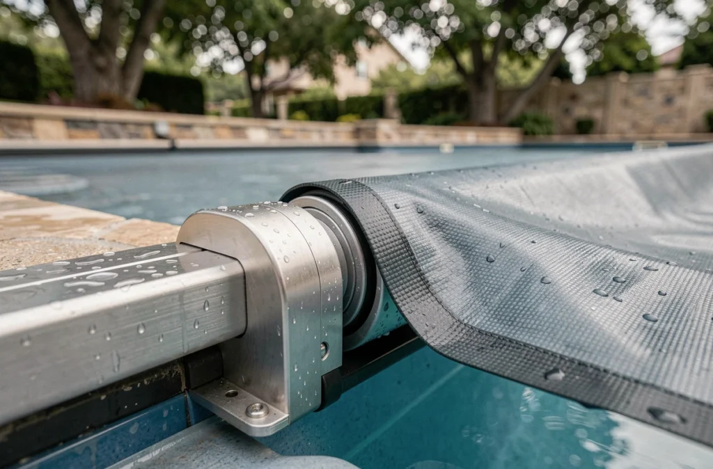 Détail du mécanisme de rouleau motorisé d'une couverture automatique de piscine avec bâche en PVC tendue sur l'eau