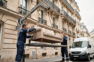 Deux déménageurs professionnels installant un monte-meubles sur la façade d'un immeuble haussmannien pour déménager un canapé