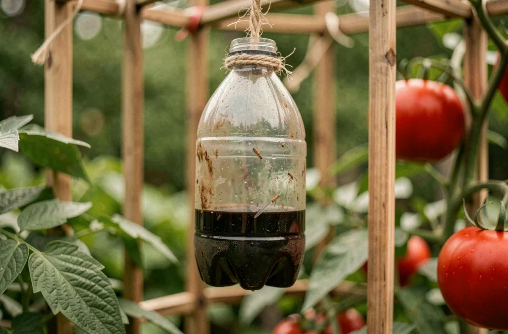 Gros plan d'un piège à phéromone artisanal fabriqué à partir d'une bouteille recyclée suspendu dans un potager bio