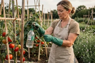 Femme installant un piège à phéromone maison dans un potager biologique avec des plants de tomates en arrière-plan