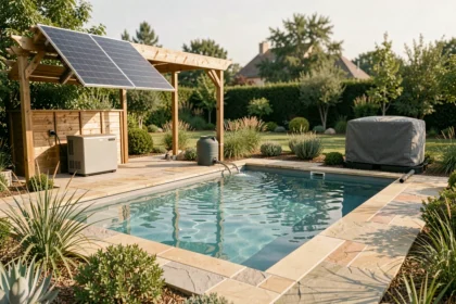 Piscine éco-responsable avec panneaux solaires et système de filtration naturelle dans un jardin aménagé avec plantes locales et dallage en pierre naturelle