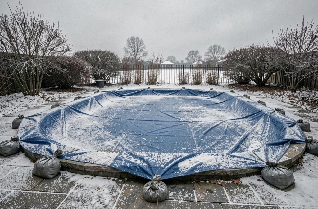 Piscine hivernée recouverte d'une bâche bleue sous la neige dans un jardin en hiver pour prévenir le gel