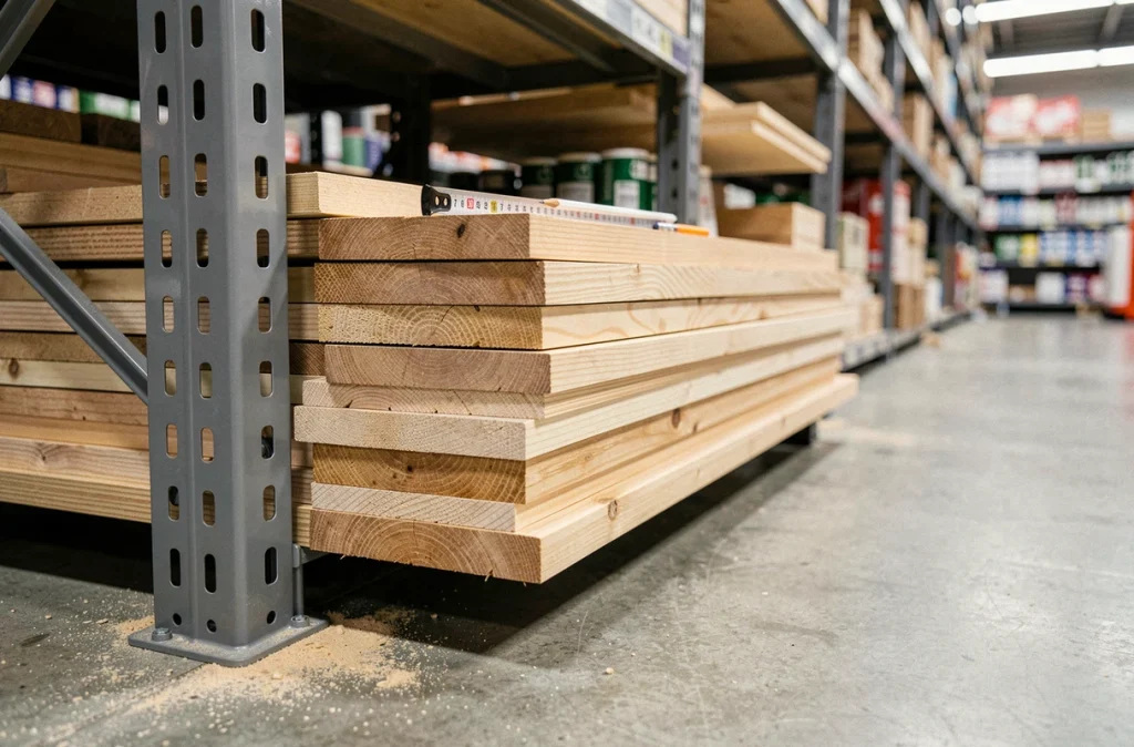 Planches de bois découpées empilées dans l'espace service découpe d'un magasin Leroy Merlin