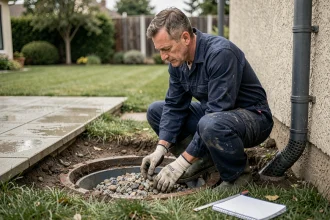 Plombier inspectant un puisard de jardin pour le rejet des eaux pluviales, vue 3/4 en extérieur