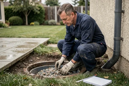 Plombier inspectant un puisard de jardin pour le rejet des eaux pluviales, vue 3/4 en extérieur