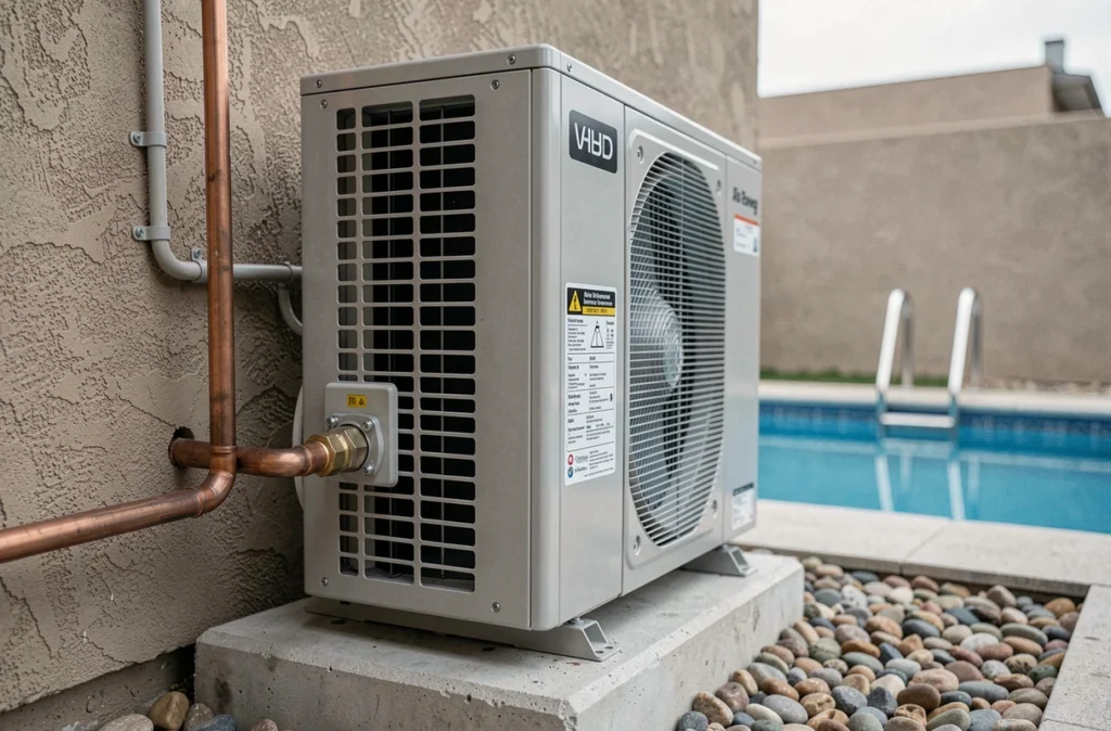 Gros plan d'une pompe à chaleur installée en extérieur à côté d'une piscine résidentielle