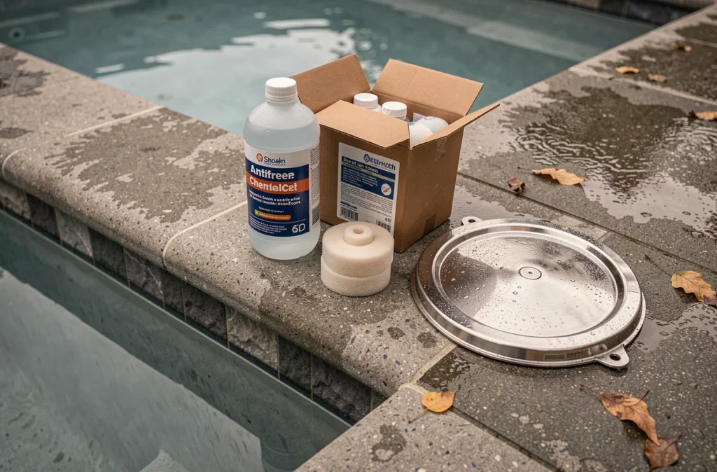 Produits d'hivernage de piscine disposés au bord du bassin incluant antigel et bouchons de protection