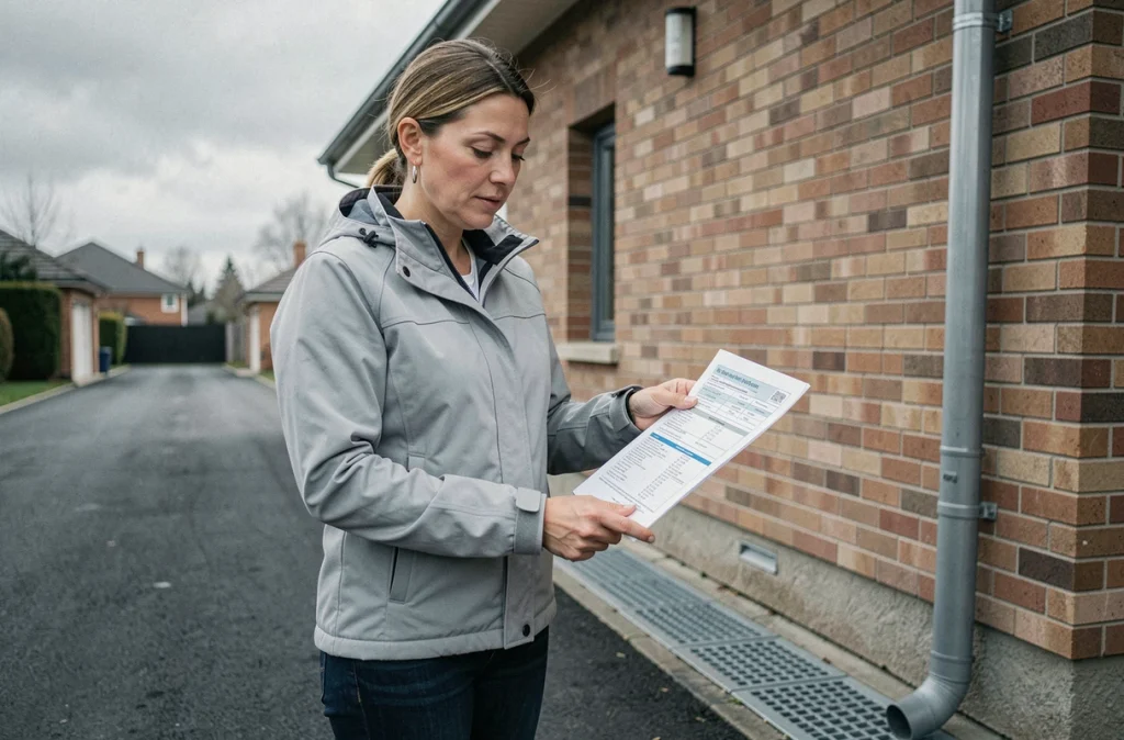 Professionnelle du bâtiment consultant la réglementation sur le rejet des eaux pluviales devant un drain de voirie résidentiel