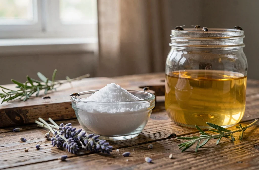 Remèdes naturels maison au bicarbonate et vinaigre de cidre pour éliminer les moucherons et petites bêtes noires