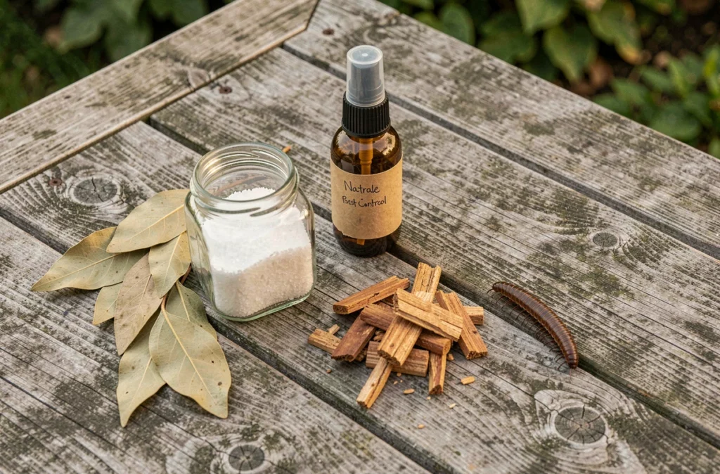 Remèdes naturels contre les iules disposés sur une table en bois : sel, feuilles de laurier, huiles essentielles et cèdre