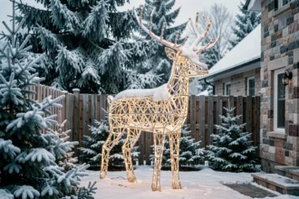 Grand renne décoratif en fil lumineux blanc installé dans un jardin enneigé avec des sapins givrés en arrière-plan