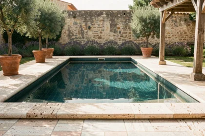 Piscine ancienne rénovée avec margelles en travertin et mosaïques aquamarines dans un jardin méditerranéen provençal