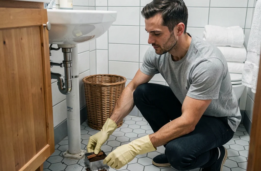 Homme utilisant du marc de café comme répulsif naturel contre les petites bêtes noires dans la salle de bain