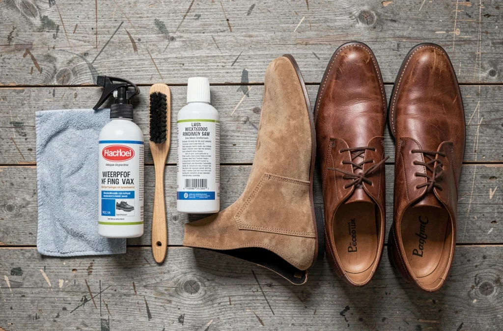 Sélection de produits imperméabilisants pour chaussures disposés en flat lay sur un établi en bois, incluant spray, cire et brosse