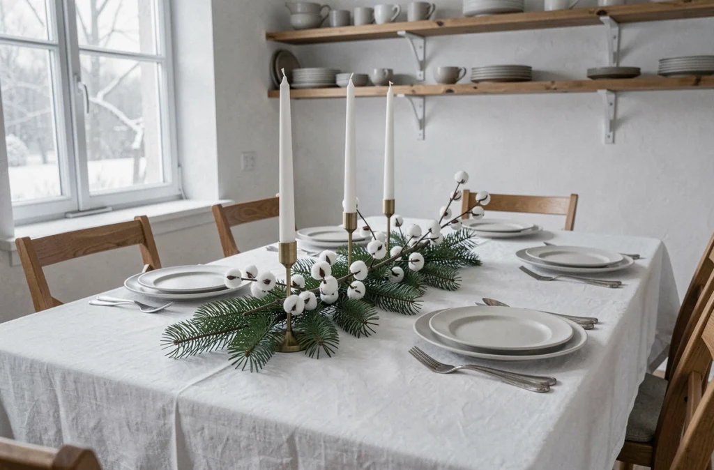 Table de Noël décorée de façon chic et épurée avec branches de pin, bougies fines en laiton et vaisselle en céramique blanche