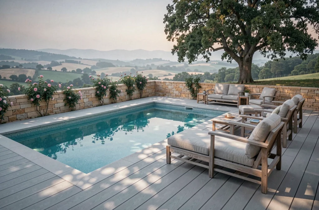 Terrasse de piscine rénovée avec plage en composite gris, eau turquoise et salon extérieur en teck au crépuscule